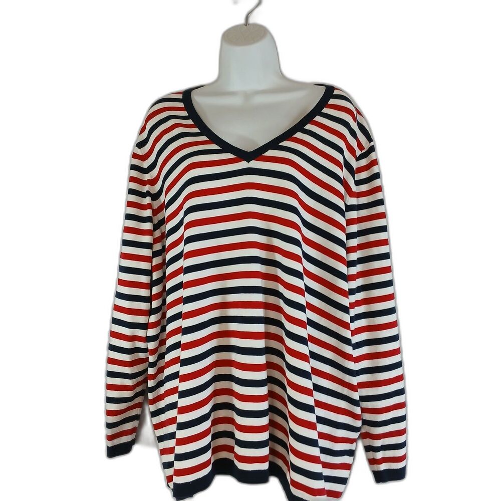 Tommy Hilfiger Top V Neck Red White Blue Sz 3X Preppy Academia Office Travel...
